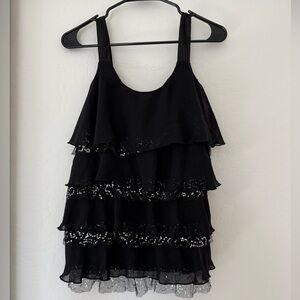 Y2K Vintage Black Ruffle Tank Top Silver Sequin Satin Strap Layered Glam Shirt
